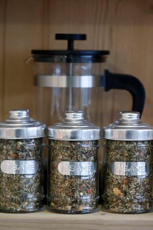 pharmacy. Medicine in shelves. Natural medicine. Infusion. France.のeditorial素材