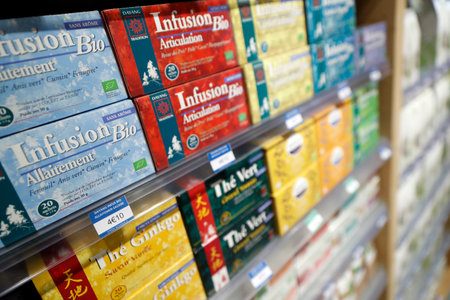 pharmacy. Medicine in shelves. Natural medicine. Infusion. France.のeditorial素材