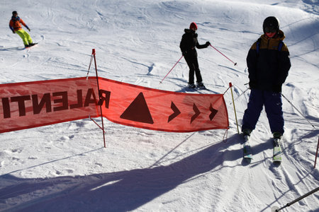 French Alps. Skiers slow sign. Ski Slope. Saint Gervais. France.のeditorial素材