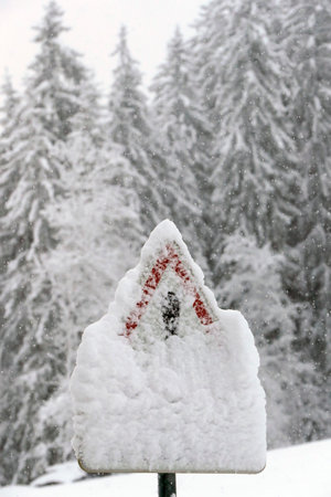 Mountain road in winter. Road signs. Saint Gervais. France.の写真素材