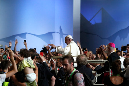 Pope Francis greets people during an ecumenical meeting at the World Council of Churches (WCC) at Palexpo hall in Geneva, on June 21, 2018. Switzerland.のeditorial素材
