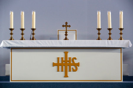 Ecumenical Pilgrimage of Pope Francis to Geneva. Catholic mass at the Palexpo hall. Main altar. Switzerland.のeditorial素材