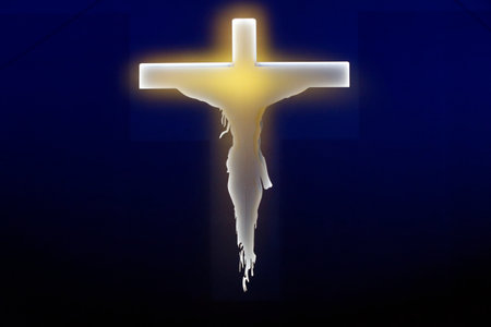 Ecumenical Pilgrimage of Pope Francis to Geneva. Catholic mass at the Palexpo hall. Jesus on the cross. Switzerland.のeditorial素材