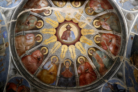 The Padua Baptistery. Ceilling frescoes 14th century by Giusto de Menabuoi. Blessing Christ. Padua. Italy.のeditorial素材