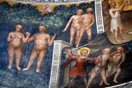 The Padua Baptistery. Ceilling frescoes 14th century by Giusto de Menabuoi. The Genesis. Adam and Eve, the expulsion from paradise. Padua. Italy.のeditorial素材