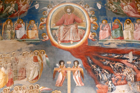 The Scrovegni Chapel. Fresco by Giotto, 14th century. The last Judgment. Padua. Italy.のeditorial素材