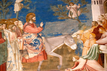The Scrovegni Chapel. Fresco by Giotto, 14th century. Christ enters Jerusalem. Palm sunday. Padua....