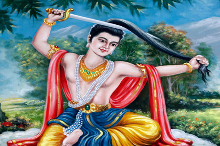 The Life of the Buddha, Siddhartha Gautama. Prince Siddhartha cut off his hair to renounce the...
