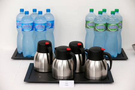 Mineral water and hot coffee. Geneva. Switzerland.のeditorial素材