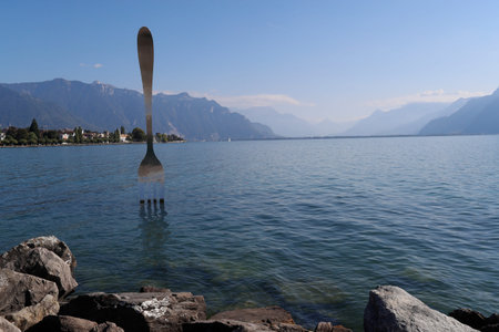 The Fork. At Lake Geneva Landmark. Jean-Pierre Zaugg designed this work of art in 1995, to commemorate the Alimentation Museum's 10th anniversary. Vevey. Switzerland.のeditorial素材