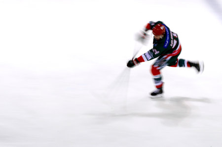 Ice Hockey game. Player in action. Megeve. France.のeditorial素材