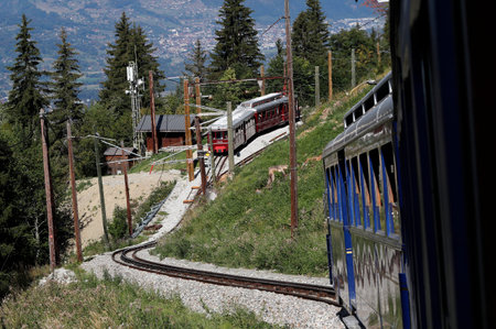 French Alps. The Mont Blanc Tramway (TMB) is the highest mountain railway line in France. Saint-Gervais. France.のeditorial素材
