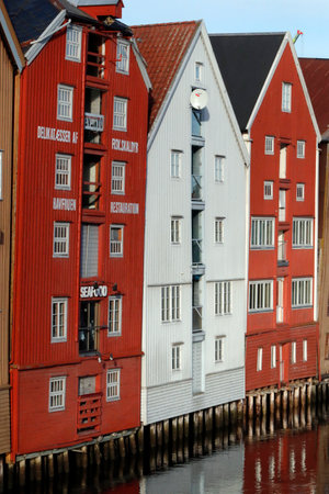 Restored and converted storehouses along the River Nidelva. Trondheim. Norway.のeditorial素材