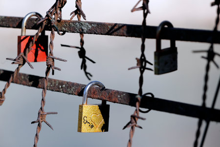 Love Padlocks Hanging On Metal Fence. Italy.のeditorial素材