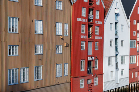 Restored and converted storehouses along the River Nidelva. Trondheim. Norway.のeditorial素材