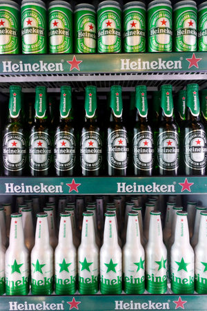 Heineken Beer. Row of bottles. Ho Chi Minh City. Vietnam.のeditorial素材