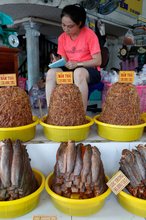 Fermented and dried fish market stalls. Chau Doc. Vietnam.のeditorial素材