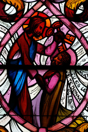 Saint Joseph des Fins church. Christ Handing the Keys to St Peter. Stained glass window. Annecy. France.のeditorial素材