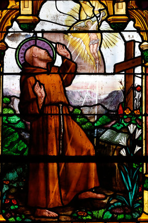 Saint Peter Cathedral. Saint Francis of Assisi. Stained glass window. Annecy. France.のeditorial素材