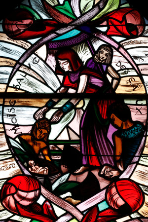 Saint Joseph des Fins church. Moses saved from the water. Stained glass window. Annecy. France.のeditorial素材