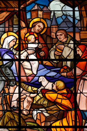 Notre Dame de Liesse church. The nativity of Jesus in Bethlehem. Stained glass window. Annecy. France.のeditorial素材