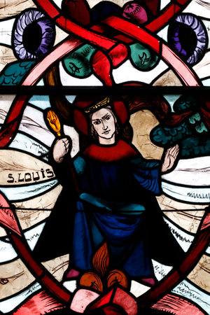 Saint Joseph des Fins church. Louis IX (Saint Louis) king of France. Stained glass window. Annecy. France.のeditorial素材
