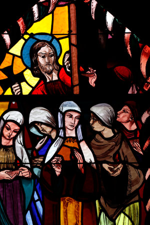 Saint Joseph des Fins church. The Parable of the Ten Virgins. Stained glass window. Annecy. France.のeditorial素材