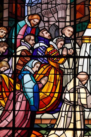 Notre Dame de Liesse church. Francis de Sales, bishop of Geneva. Stained glass window. Annecy. France.のeditorial素材