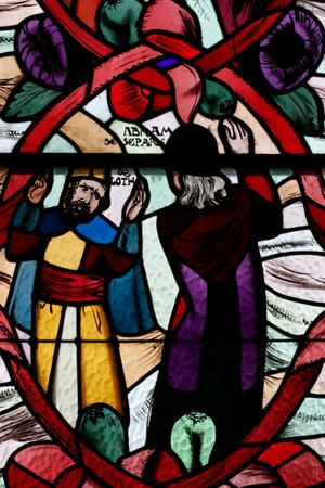 Saint Joseph des Fins church. Abraham and Lot. Stained glass window. Annecy. France.のeditorial素材