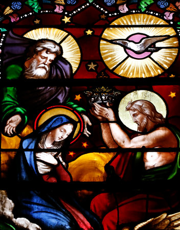 Saint Peter Cathedral. The Coronation of the Virgin Mary in Heaven. Stained glass window. Annecy. France.のeditorial素材