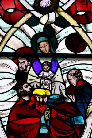 Saint Joseph des Fins church. Nativity of Christ. Adoration of the Magi. Stained glass window. Annecy. France.のeditorial素材