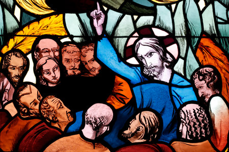 Saint Joseph des Fins church. Jesus. I will ask the Father and he will give you another Advocate. Stained glass window. Annecy. France.のeditorial素材