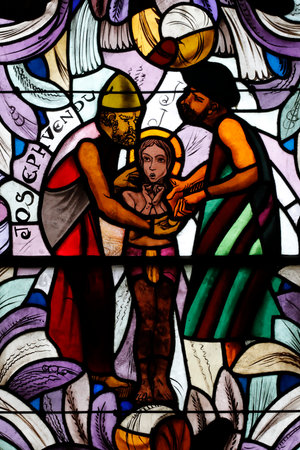 Saint Joseph des Fins church. Joseph Sold by His Brothers. Stained glass window. Annecy. France.のeditorial素材