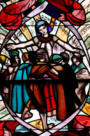 Saint Joseph des Fins church. Joseph forgives his brothers. Stained glass window. Annecy. France.のeditorial素材