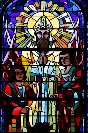 Saint Peter Cathedral. Francis de Sales, bishop of Geneva. Stained glass window. Annecy. France.のeditorial素材