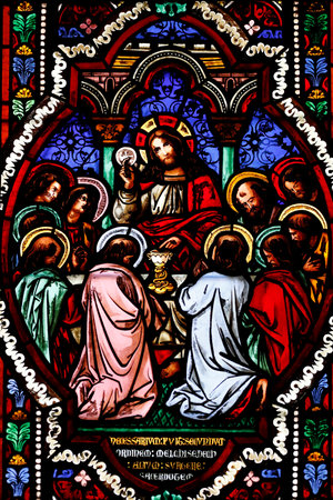 Notre Dame de Beaune basilica. Passion of Christ. The last supper. Jesus and his apostles. Institution of the Eucharist. E Thibaud 1848. Beaune. France.のeditorial素材