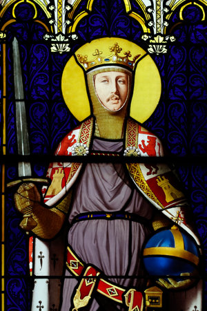The Royal Chapel of Dreux. Gothic glass by the Sevres porcelain manufactory. King Ferdinand. Dreux. France.のeditorial素材