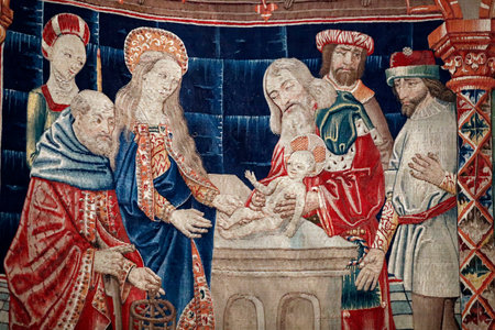 Notre Dame de Beaune basilica. The Virgin Mary tapestries (15th century). Presentation of Christ at the temple. Beaune. France.のeditorial素材