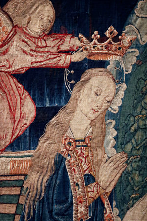 Notre Dame de Beaune basilica. The Virgin Mary tapestries (15th century). The Coronation of the Virgin Mary in Heaven. Detail. Beaune. France.のeditorial素材