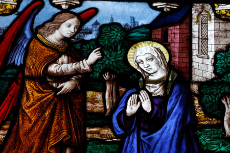 St Peter church. The Annunciation. Stained glass window. Dreux. France.のeditorial素材