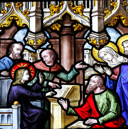 St Peter church. Jesus and the doctors of the Faith, Stained glass window. Dreux. France.のeditorial素材