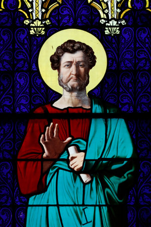 The Royal Chapel of Dreux. Gothic glass by the Sevres porcelain manufactory. Saint Philip the apostle. Dreux. France.のeditorial素材