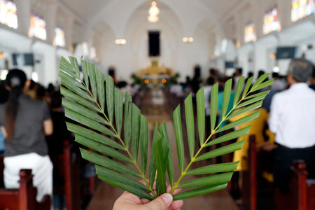 Palm sunday mass. The palm branch is associated with Jesus' Triumphal Entry. Hoi An Cathedral. Vietnam.