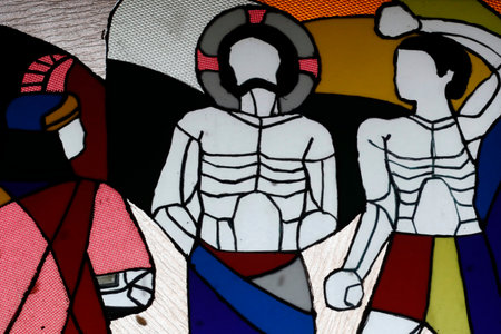 Cistercian Abbey. Our Lady of My Ca. Stained glass window. Passion of Christ. Flagellation of Christ. Vietnam.のeditorial素材