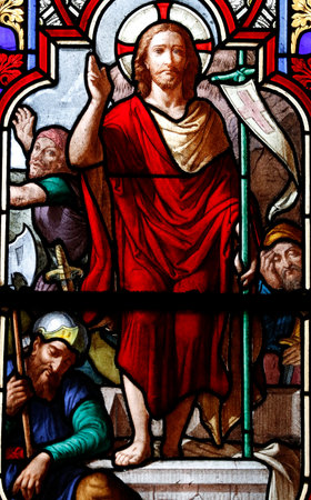 Chambery cathedral. Stained glass window. Resurrection of Christ. France.のeditorial素材
