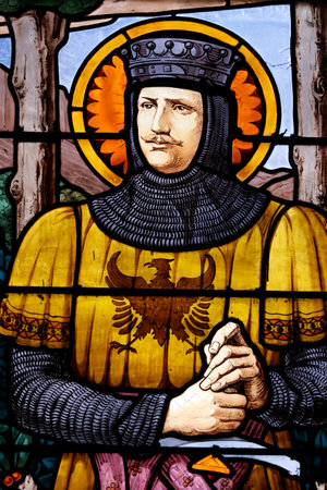 Chambery cathedral. Stained glass window. Humbert of Savoy. France.のeditorial素材