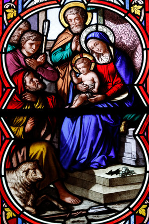 Chambery cathedral. Stained glass window. Nativity. The Adoration of the Shepherds. France.のeditorial素材