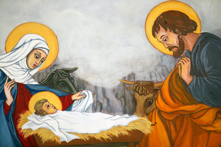 Domancy church. Wall painting. Nativity. France.のeditorial素材