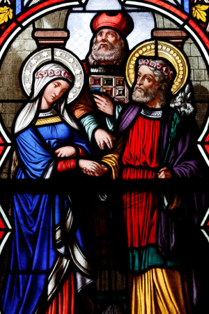 Chambery cathedral. Stained glass window. The marriage of the Virgin Mary and Saint Joseph. France.のeditorial素材