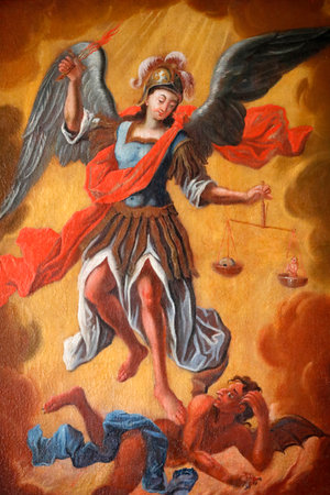 The baroque catholic chapel of the Chattrix. Archangel Saint Michael. Painting. Saint Nicholas of Veroce. France.のeditorial素材